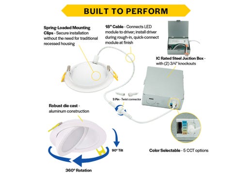 ProLED Select Direct Fit Gimbal Downlight 6in 13W 2700-5000K Color Selectable 90Deg Tilt Dimmable T20 JA8