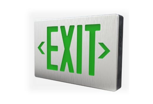 Emergence LED Die-Cast Exit Sign, Green Legend Universal Single/Double Face Brushed Aluminum Face Black Housing 100min Life Safety Light