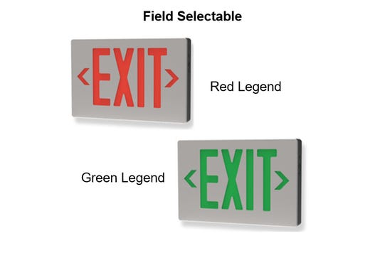 Emergence LED Die-Cast Exit Sign, Field Selectable Red/Green Legend, Brushed Aluminum Face, Black Housing, Single/Double Face, Selectable Manual or Self-Diagnostics, Selectable AC or 90+ mins Battery Back-Up