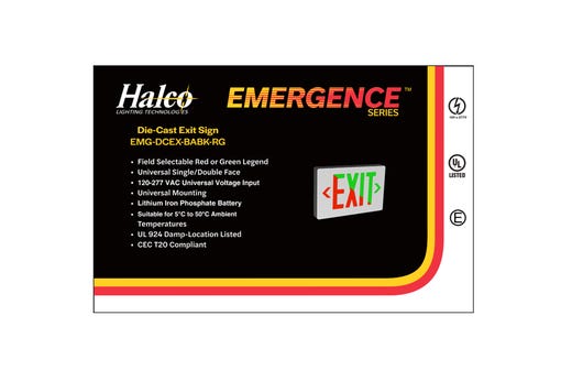Emergence LED Die-Cast Exit Sign, Field Selectable Red/Green Legend, Brushed Aluminum Face, Black Housing, Single/Double Face, Selectable Manual or Self-Diagnostics, Selectable AC or 90+ mins Battery Back-Up
