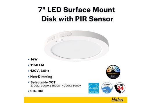 LED Surface Mount Disk 7in 14W 1150 Lumens 27/30/35/40/50K Color Select 120V Non-Dim PIR Sensor