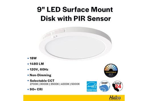 LED Surface Mount Disk 9in 18W 1480 Lumens 27/30/35/40/50K Color Select 120V Non-Dim PIR Sensor