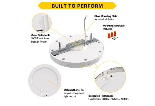 LED Surface Mount Disk 5.5in 10W 820 Lumens 27/30/35/40/50K Color Select 120V Non-Dim PIR Sensor
