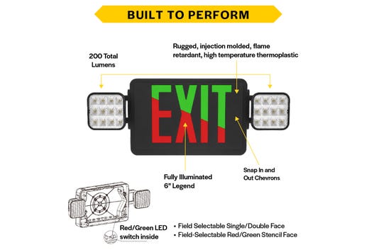 Emergence Series Combo (Exit/EM) Black Thermoplastic with Adj Square Head Selectable Red or Green Legend with Self-Test Self-Diagnostics 90-min Battery Backup