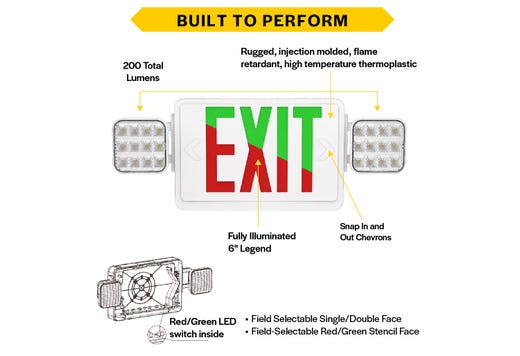 Emergence Series Combo (Exit/EM) White Thermoplastic with Adjustable Square Head Selectable Red or Green Legend 90-min Battery Backup