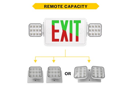Emergence Series Combo (Exit/EM) White Thermoplastic with Adjustable Square Head Selectable Red or Green Legend and Remote Capacity 90-min Battery Backup
