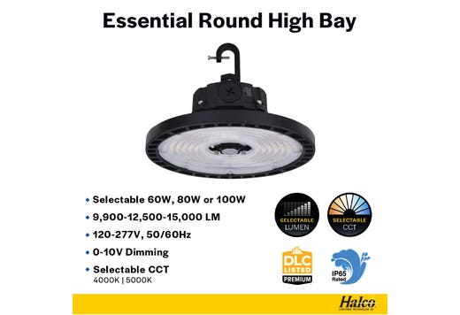 Essential Round Highbay (Gen-2) Controls Ready 3.5mm Jack Lumen Select 9,900-12,500-15,000 (60W-80W-100W), Color Select 4000K or 5000K, 120-277VAC, 0-10V Dimming, Black