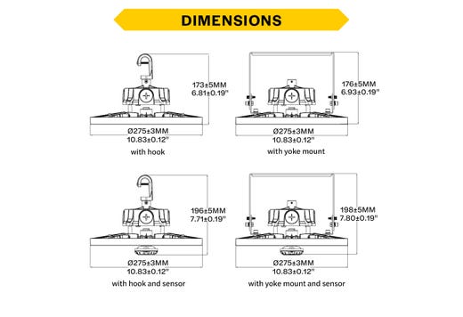 Essential Round Highbay (Gen-2) Controls Ready 3.5mm Jack Lumen Select 13,800-18,000-21,600 (90W-120W-150W), Color Select 4000K or 5000K, 120-277VAC, 0-10V Dimming, Black