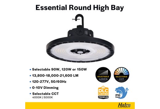 Essential Round Highbay (Gen-2) Controls Ready 3.5mm Jack Lumen Select 13,800-18,000-21,600 (90W-120W-150W), Color Select 4000K or 5000K, 120-277VAC, 0-10V Dimming, Black