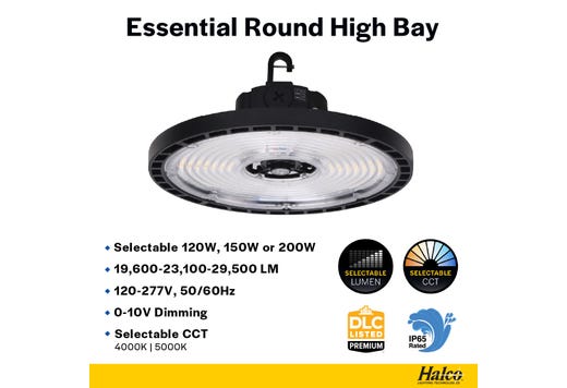 Essential Round Highbay (Gen-2) Controls Ready 3.5mm Jack Lumen Select 19,600-23,100-29,500 (120W-150W-200W), Color Select 4000K or 5000K, 120-277VAC, 0-10V Dimming, Black