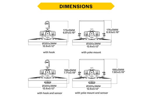 Essential Round Highbay (Gen-2) Controls Ready Lumen Select 26,700-30,600-34,200 (180W-210W-240W) Color Select 4000K or 5000K, 120-277VAC, 0-10V Dimming, Black
