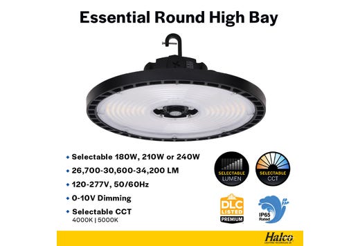 Essential Round Highbay (Gen-2) Controls Ready Lumen Select 26,700-30,600-34,200 (180W-210W-240W) Color Select 4000K or 5000K, 120-277VAC, 0-10V Dimming, Black