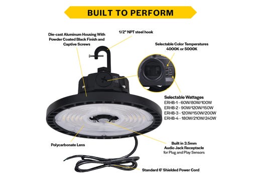 Essential Round Highbay (Gen-2) Controls Ready 3.5mm Jack Lumen Select 19,600-23,100-29,500 (120W-150W-200W), Color Select 4000K or 5000K, 120-277VAC, 0-10V Dimming, Black