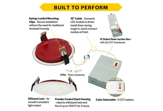 LED Fire Rated 8in Slim Downlight Color Selectable 19W 1600 Lumen Textured Baffle Trim 120V Triac Dimmable T24