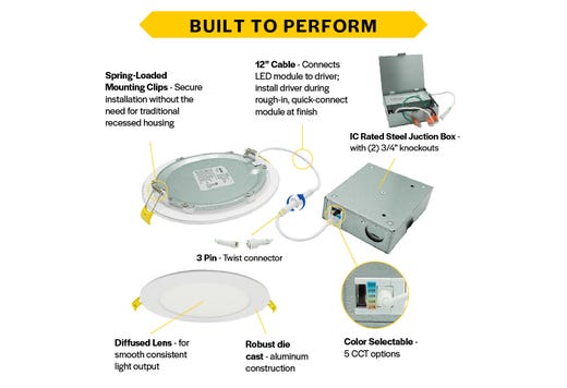 LED Select Slim Downlight 6in 11W Smooth Trim 2700K-5000K Color Selectable 927-978lm Dimmable JA-8