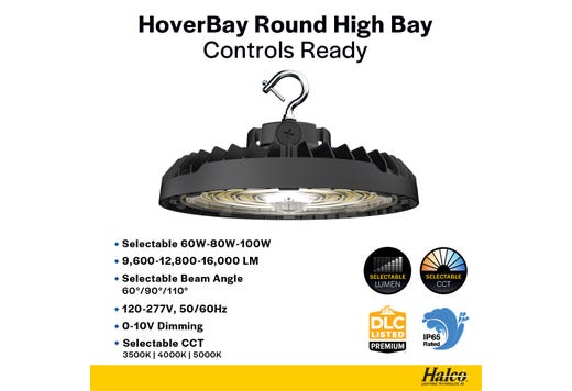 HoverBay Round Highbay, Lumen Selectable (9,600-12,800-16,000lm/60W-100W), CCT Selectable (3500K- 4000K-5000K), Beam Angle Selectable, Controls Ready Bluetooth 3.5mm Jack, Universal Voltage 120-277VAC, Black Housing Gen-2