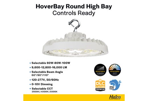 HoverBay Round Highbay, Lumen Selectable (9,600-12,800-16,000lm/60W-100W), CCT Selectable (3500K- 4000K-5000K), Beam Angle Selectable, Controls Ready Bluetooth 3.5mm Jack, Universal Voltage 120-277VAC, White Housing Gen-2