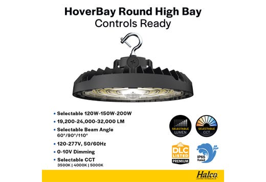 HoverBay Round Highbay, Lumen Selectable (19,200-24,000-32,000lm/120W-200W), CCT Selectable (3500K- 4000K-5000K), Beam Angle Selectable, Controls Ready Bluetooth 3.5mm Jack, Universal Voltage120-277 VAC, Black Housing Gen-2