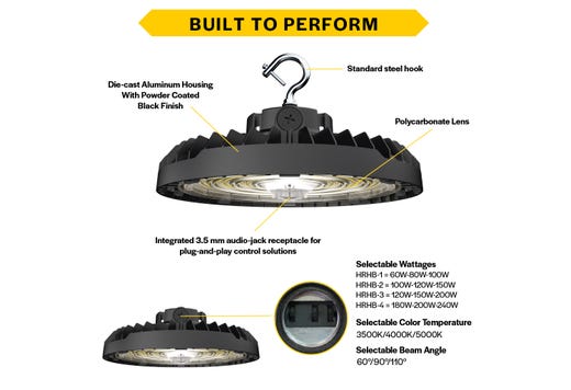 HoverBay Round Highbay, Lumen Selectable (9,600-12,800-16,000lm/60W-100W), CCT Selectable (3500K- 4000K-5000K), Beam Angle Selectable, Controls Ready Bluetooth 3.5mm Jack, Universal Voltage 120-277VAC, Black Housing Gen-2