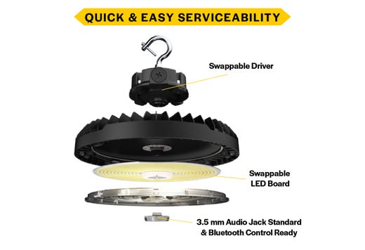 HoverBay Round Highbay, Lumen Selectable (9,600-12,800-16,000lm/60W-100W), CCT Selectable (3500K- 4000K-5000K), Beam Angle Selectable, Controls Ready Bluetooth 3.5mm Jack, Universal Voltage 120-277VAC, Black Housing Gen-2