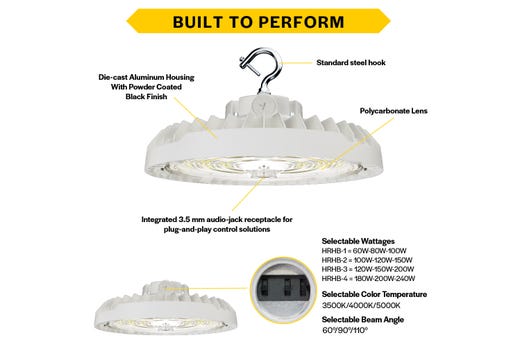HoverBay Round Highbay, Lumen Selectable (9,600-12,800-16,000lm/60W-100W), CCT Selectable (3500K- 4000K-5000K), Beam Angle Selectable, Controls Ready Bluetooth 3.5mm Jack, Universal Voltage 120-277VAC, White Housing Gen-2