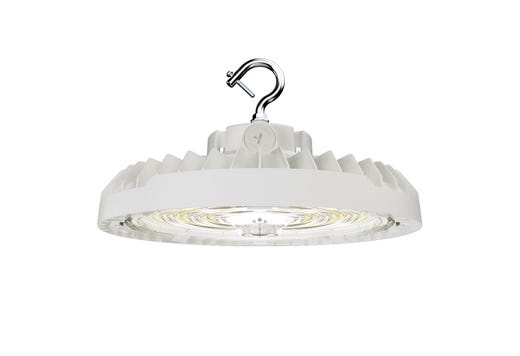 HoverBay Round Highbay, Lumen Selectable (9,600-12,800-16,000lm/60W-100W), CCT Selectable (3500K- 4000K-5000K), Beam Angle Selectable, Controls Ready Bluetooth 3.5mm Jack, Universal Voltage 120-277VAC, White Housing Gen-2