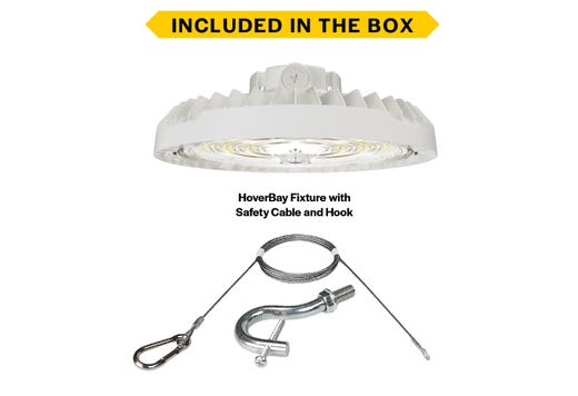 HoverBay Round Highbay, Lumen Selectable (19,200-24,000-32,000lm/120W-200W), CCT Selectable (3500K- 4000K-5000K), Beam Angle Selectable, Controls Ready Bluetooth 3.5mm Jack, Universal Voltage 120-277VAC, White Housing Gen-2