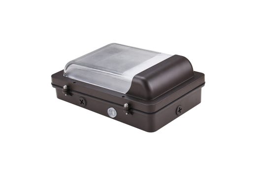 Low Profile Wall Pack Size 1 Lumen Selectable (1,940-3,250 lumens 15W-20W-25W) Color Selectable 3000K-4000K-5000K Photocell-Enable/Disable 120-277VAC Bronze
