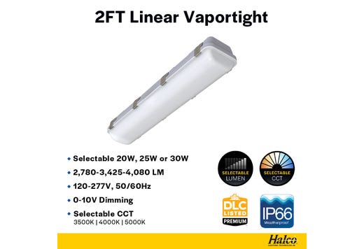 LED Controls Ready Linear Vaportight 2FT Selectable Lumen & CCT 2780-4083LM (20W-30W) 35K- 40K-50K 3.5mm Jack 120-277VAC with Suspended Chain Mount