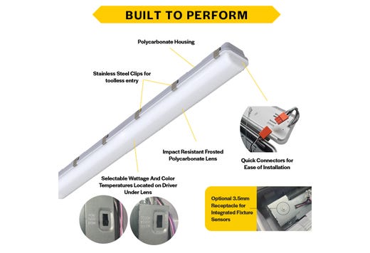 LED Controls Ready Linear Vaportight 4FT Selectable Lumen & CCT 5600-8172LM (40W-60W) 35K- 40K-50K 3.5mm Jack 120-277VAC with Suspended Chain Mount
