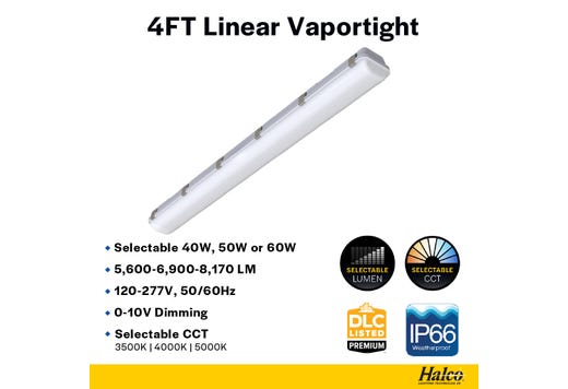 LED Controls Ready Linear Vaportight 4FT Selectable Lumen & CCT 5600-8172LM (40W-60W) 35K- 40K-50K 3.5mm Jack 120-277VAC with Suspended Chain Mount
