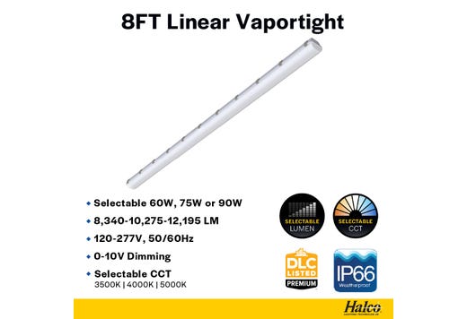 LED Controls Ready Linear Vaportight 8FT Selectable Lumen & CCT 8340-12195LM (60W-90W) 35K-40K-50K 3.5mm Jack 120-277VAC with Suspended Chain Mount