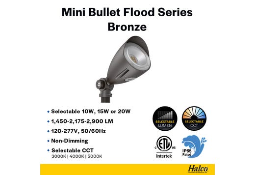 LED Mini Bullet Flood 10W CCT Selectable 3K-4K-5K 1000-1100lm 120-277VAC Bronze Finish 60Deg Beam Angle with Optional PC