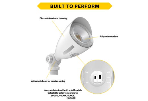 LED Mini Bullet Flood 10W CCT Selectable 3K-4K-5K 1000-1100lm 120-277VAC White Finish 60Deg Beam Angle with Optional PC