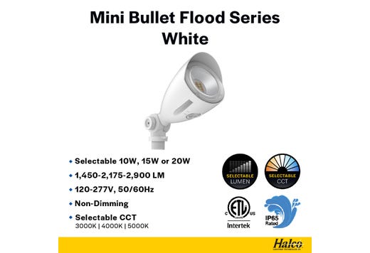 LED Mini Bullet Flood 10W CCT Selectable 3K-4K-5K 1000-1100lm 120-277VAC White Finish 60Deg Beam Angle with Optional PC