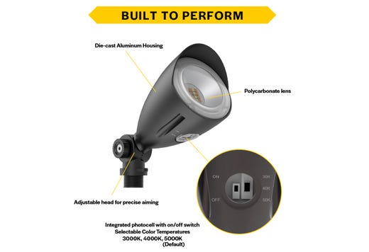LED Mini Bullet Flood 10W CCT Selectable 3K-4K-5K to 1000-1100lm 120-277VAC Black Finish 60Deg Beam Angle with Optional PC