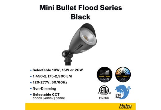 LED Mini Bullet Flood 10W CCT Selectable 3K-4K-5K to 1000-1100lm 120-277VAC Black Finish 60Deg Beam Angle with Optional PC
