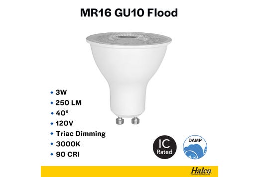 LED MR16 Flood 3W 3000K GU10 Base 40Deg 120V 250 Lumens Dimmable 25K Hours 20W-equiv