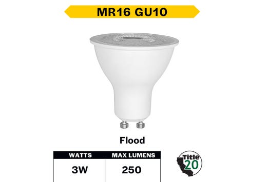 LED MR16 Flood 3W 3000K GU10 Base 40Deg 120V 250 Lumens Dimmable 25K Hours 20W-equiv