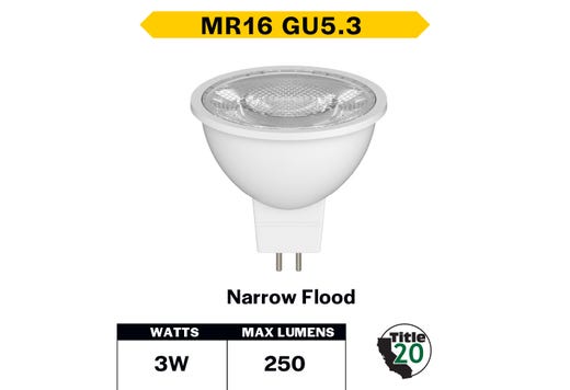 LED MR16 Flood 3W 4000K GU5.3 Base 40Deg 12V 250 Lumens Dimmable 25K Hours 20W-equiv
