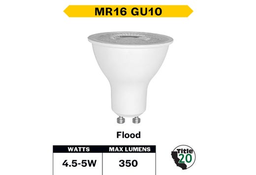 LED MR16 Flood 5W 3000K GU10 Base 40Deg 120V 350 Lumens Dimmable 25K Hours 35W-equiv