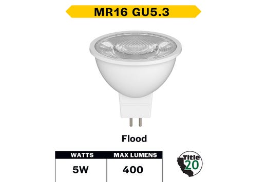 LED MR16 Flood 5W 4000K GU5.3 Base 40Deg 12V 400 Lumens Dimmable 25K Hours 40W-equiv