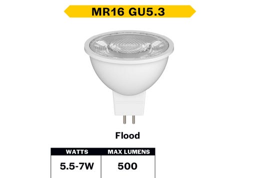 LED MR16 Flood 7W 4000K GU5.3 Base 40Deg 12V 500 Lumens Dimmable 25K Hours 50W-equiv