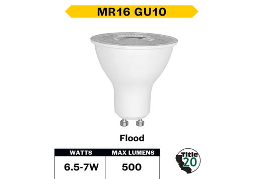 LED MR16 Flood 7W 3000K GU10 Base 40Deg 120V 500 Lumens Dimmable 120V 25K Hours 50W-equiv