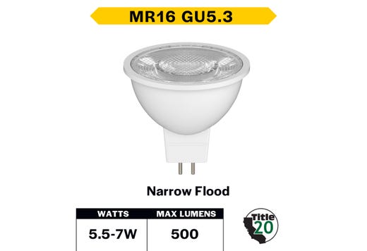 LED MR16 Narrow Flood 7W 4000K GU5.3 Base 25Deg 12V 500 Lumens Dimmable 25K Hours 50W-equiv