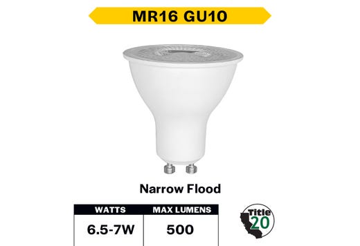LED MR16 Narrow Flood 7W 3000K GU10 Base 25Deg 120V 500 Lumens Dimmable 25K Hours 50W-equiv