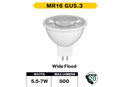 LED MR16 Wide Flood 7W 4000K GU5.3 Base 60Deg 12V 500 Lumens Dimmable 25K Hours 50W-equiv