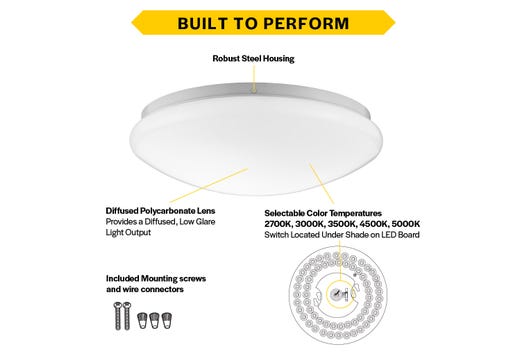 Flush Mount White Mushroom 11" Selectable CCT 27/30/35/40/50K 15W 1250LM 120V TRIAC Dimming Plastic Lens