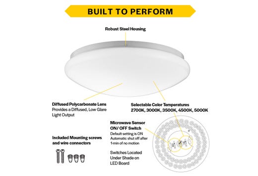 Flush Mount White Mushroom 11" Selectable CCT 27/30/35/40/50K 15W 1250LM 120V TRIAC Dimming Plastic Lens with Microwave Motion Sensor