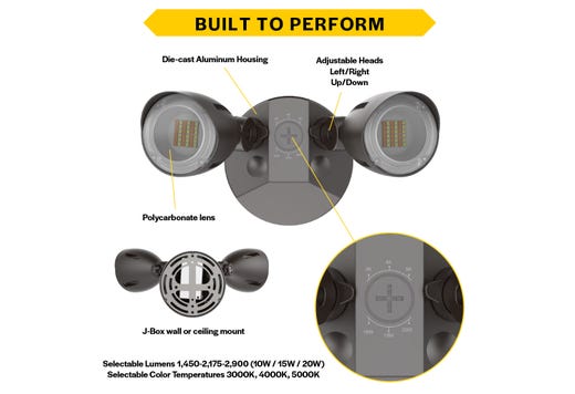 Patrol LED Security Flood Dual Heads NoMotion Sensor Lumen & CCT Selectable 10W-15W-20W 1300-2900lm 3K-4K-5K 120-277VAC Bronze Finish